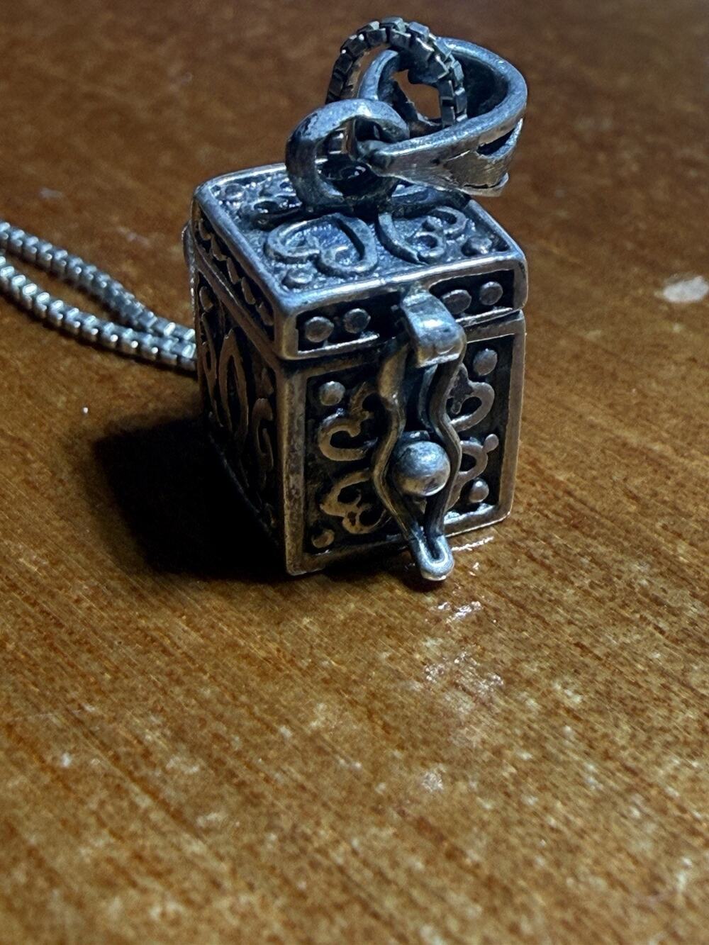 Vintage Sterling Silver 925 Square Opening Prayer Box Charm Pendant With Chain